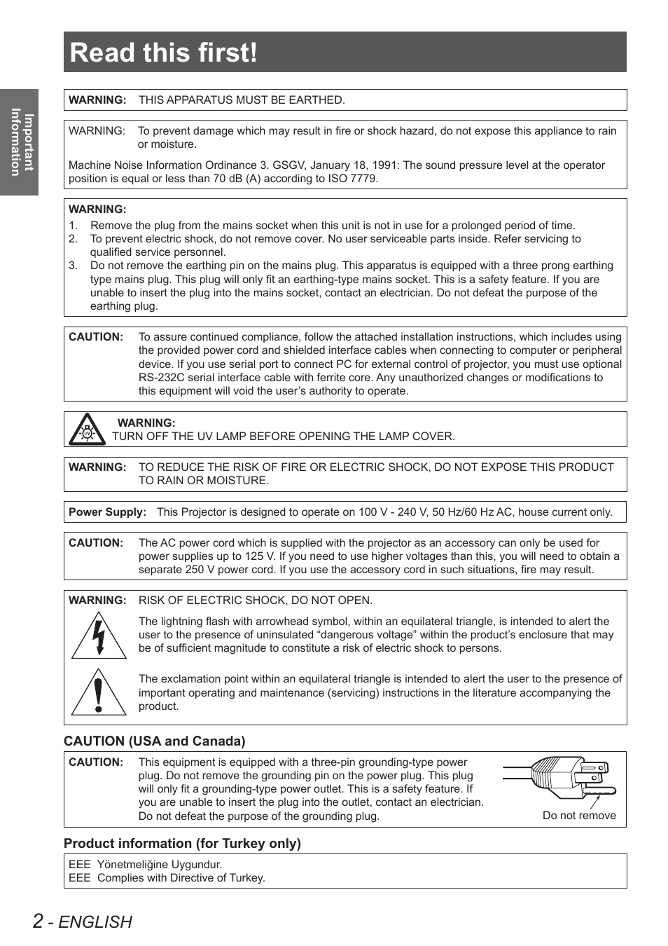 Important information, Read this first, English | Panasonic PT-EW630U User Manual | Page 2 / 118