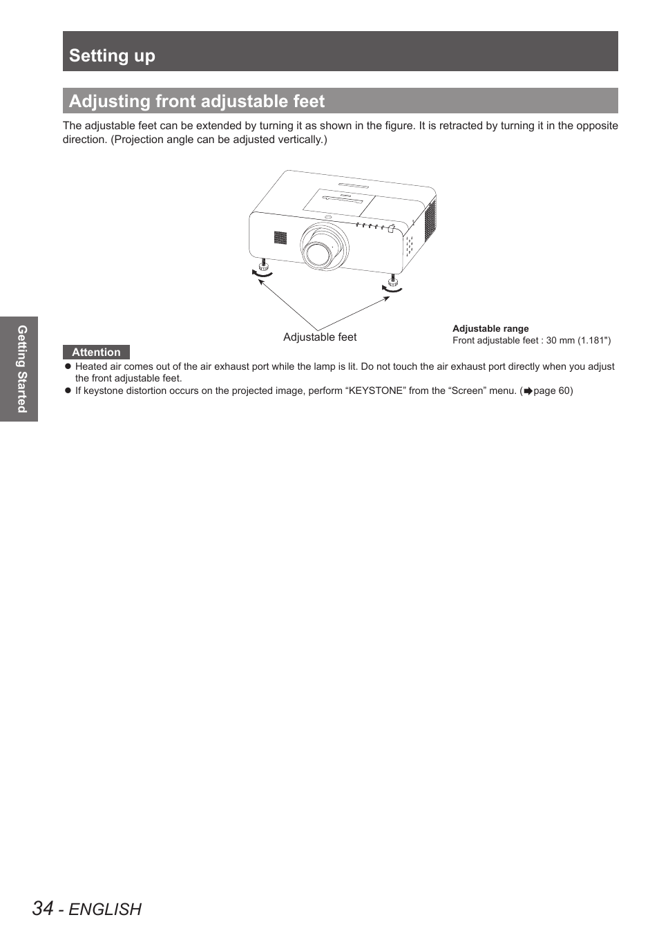 Adjusting front adjustable feet, Setting up, English | Panasonic PT-EW630U User Manual | Page 34 / 118