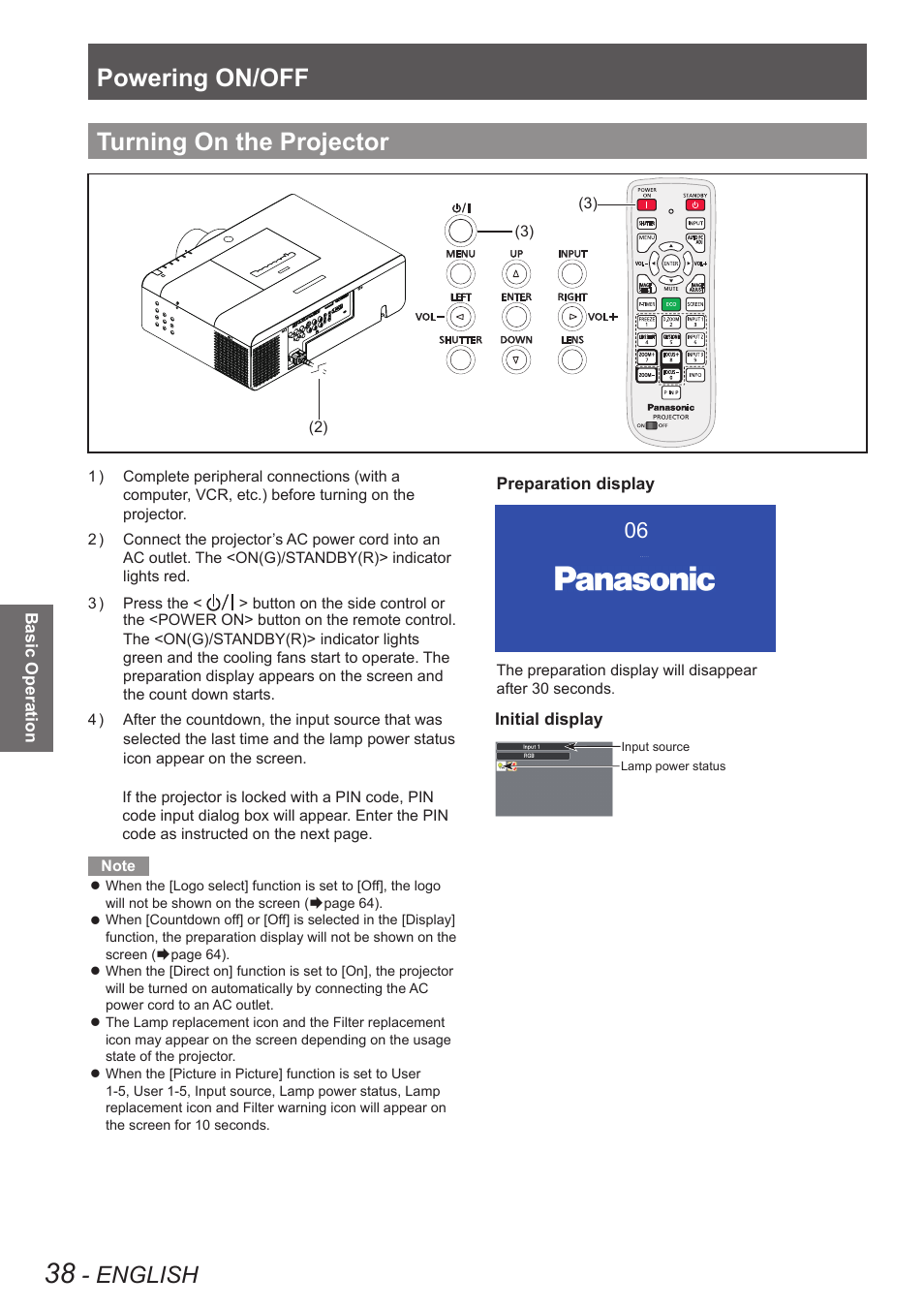 Turning on the projector, Powering on/off, English | Panasonic PT-EW630U User Manual | Page 38 / 118