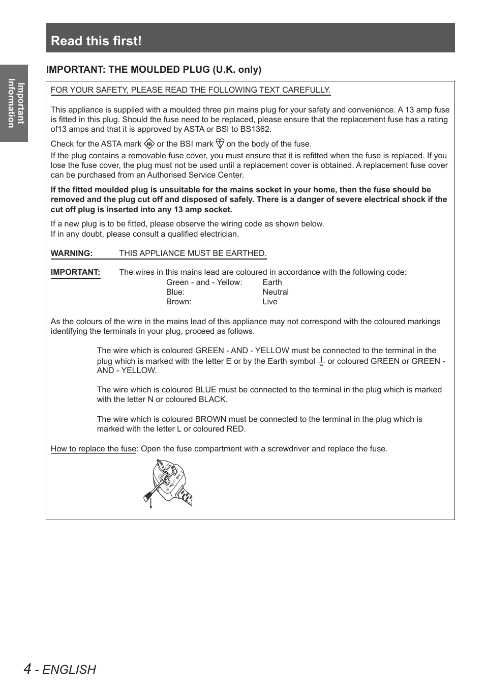 Read this first, English, Important: the moulded plug (u.k. only) | Panasonic PT-EW630U User Manual | Page 4 / 118