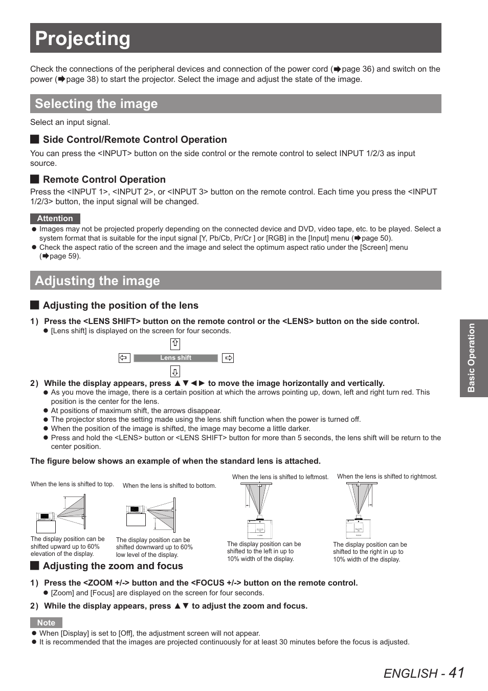 Projecting, Selecting the image, Adjusting the image | Selecting the image adjusting the image, English | Panasonic PT-EW630U User Manual | Page 41 / 118