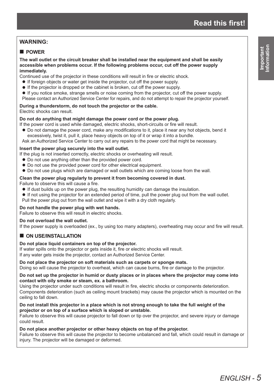 Read this first, English | Panasonic PT-EW630U User Manual | Page 5 / 118