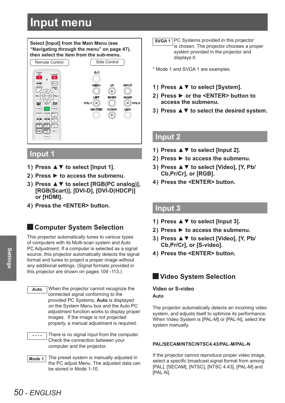 Input menu, Input 1, Input 2 | Input 3, Input 1 input 2 input 3, English, Computer system selection, Video system selection | Panasonic PT-EW630U User Manual | Page 50 / 118