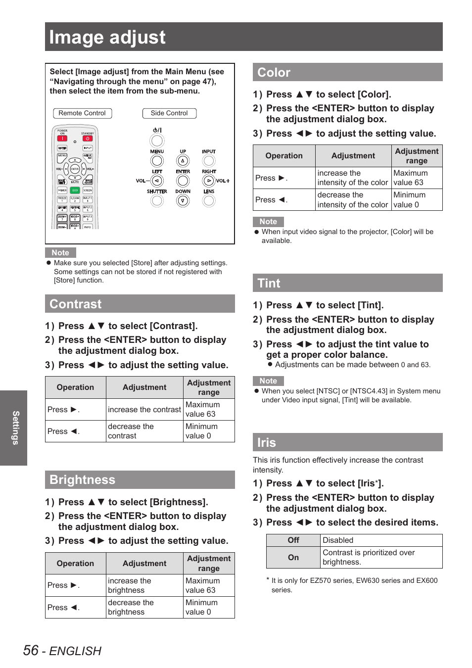 Image adjust, Contrast, Brightness | Color, Tint, Iris, Contrast brightness color tint iris, English | Panasonic PT-EW630U User Manual | Page 56 / 118