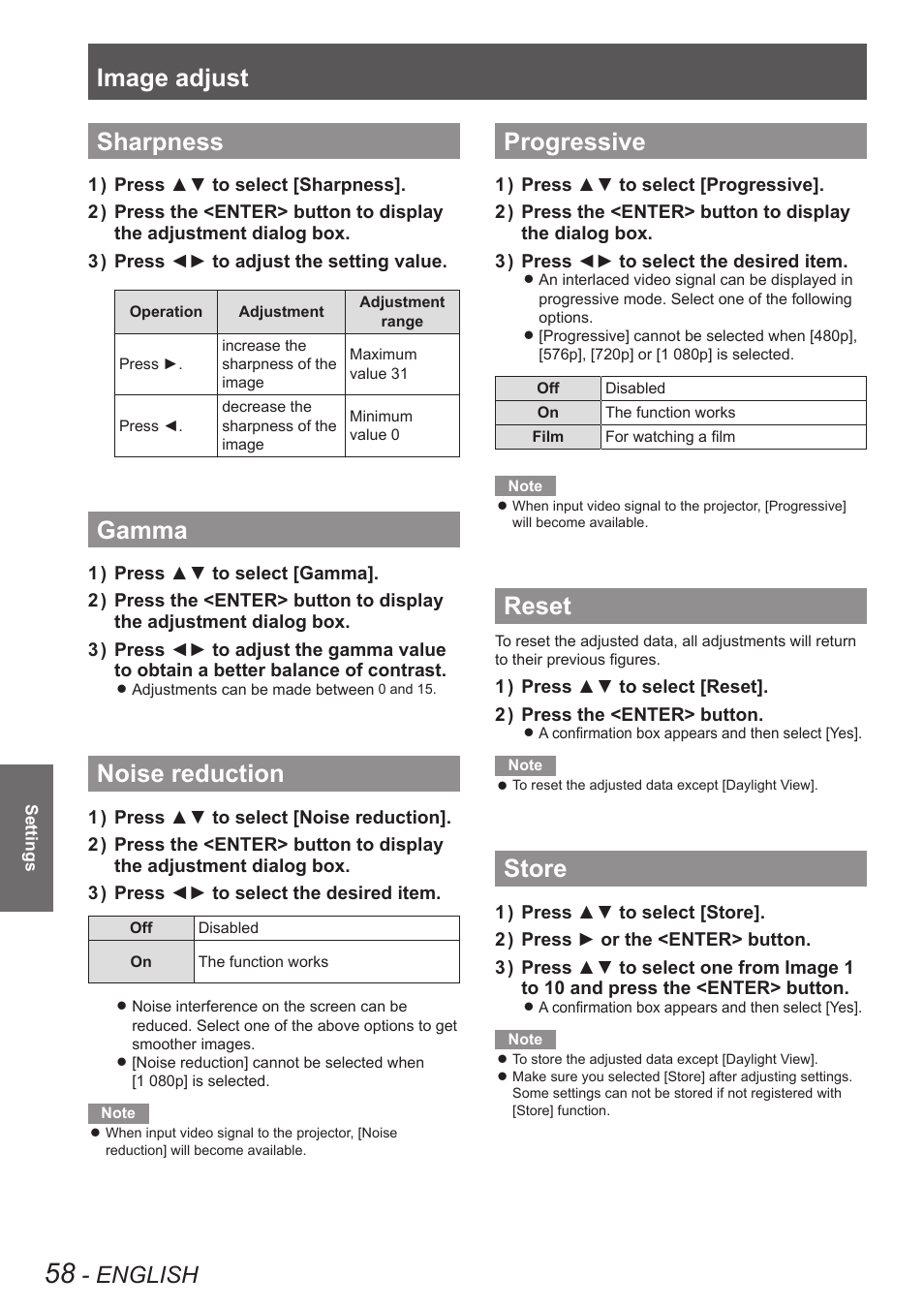 Sharpness, Gamma, Noise reduction | Progressive, Reset, Store, Image adjust, English | Panasonic PT-EW630U User Manual | Page 58 / 118
