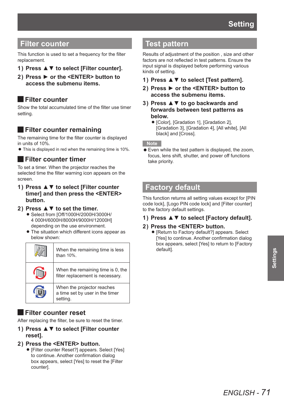 Filter counter, Test pattern, Factory default | Filter counter test pattern factory default, Setting, English, Filter counter remaining, Filter counter timer, Filter counter reset | Panasonic PT-EW630U User Manual | Page 71 / 118