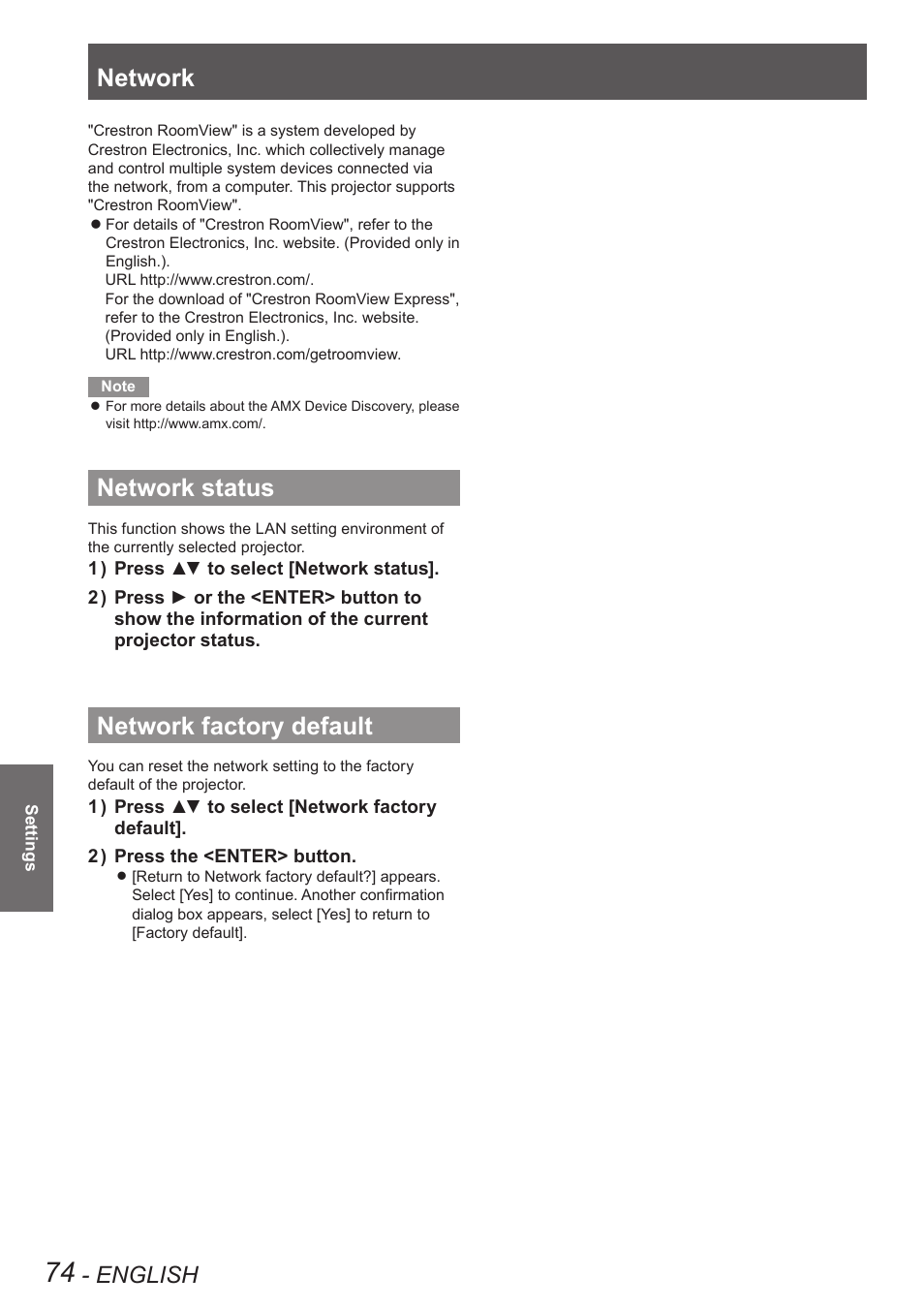 Network status, Network factory default, Network status network factory default | Network, English | Panasonic PT-EW630U User Manual | Page 74 / 118