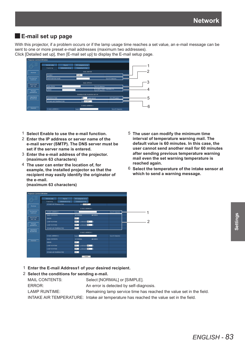 Network, English, E-mail set up page | Panasonic PT-EW630U User Manual | Page 83 / 118