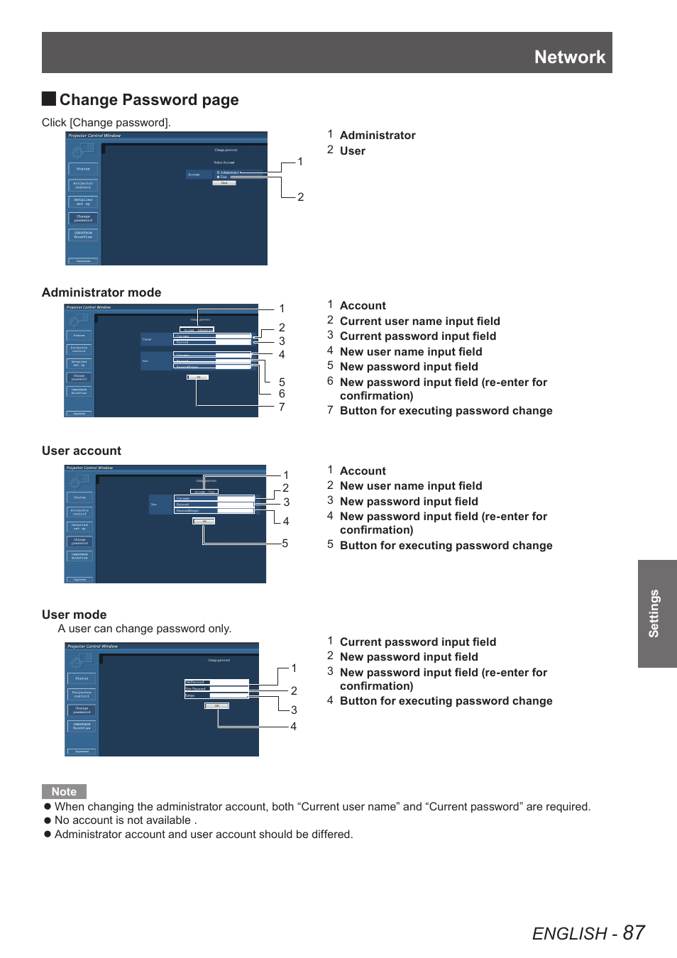 Network, English, Change password page | Panasonic PT-EW630U User Manual | Page 87 / 118