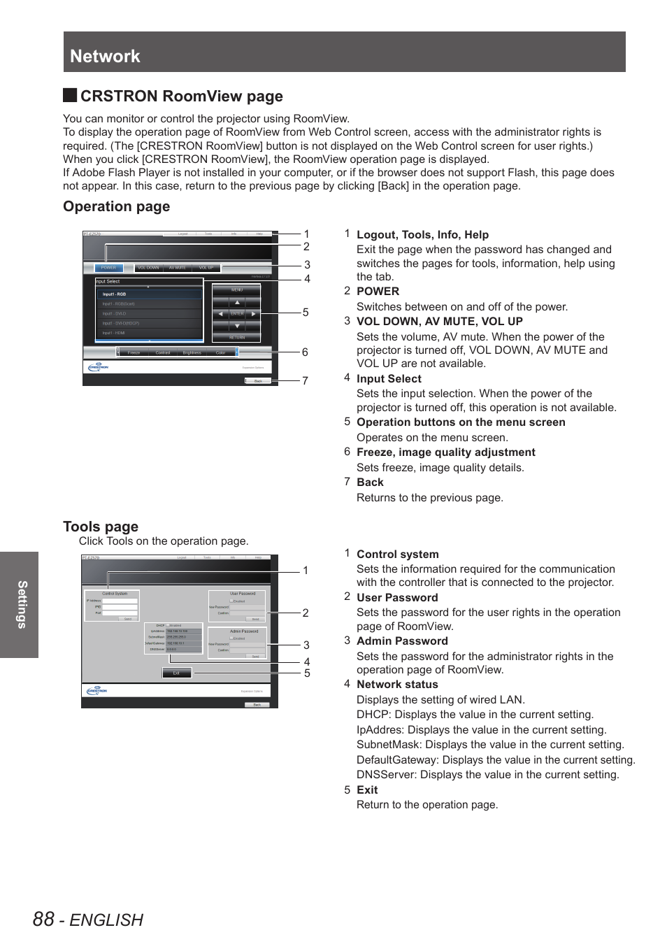 Network, English, Crstron roomview page | Panasonic PT-EW630U User Manual | Page 88 / 118