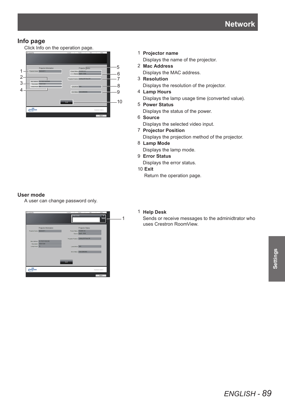 Network, English | Panasonic PT-EW630U User Manual | Page 89 / 118