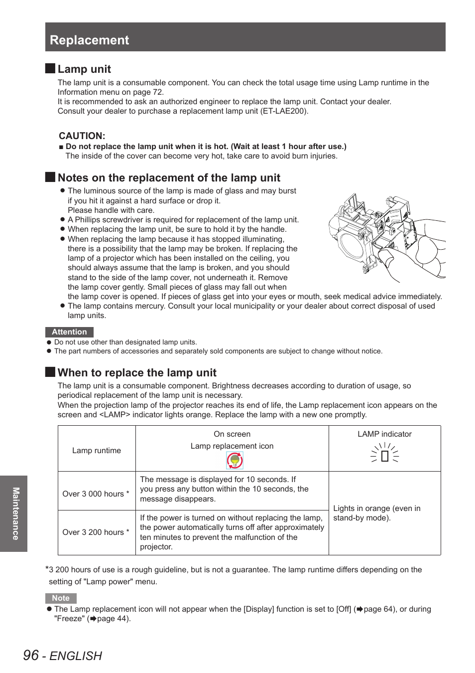 Replacement, English, Lamp unit | When to replace the lamp unit | Panasonic PT-EW630U User Manual | Page 96 / 118