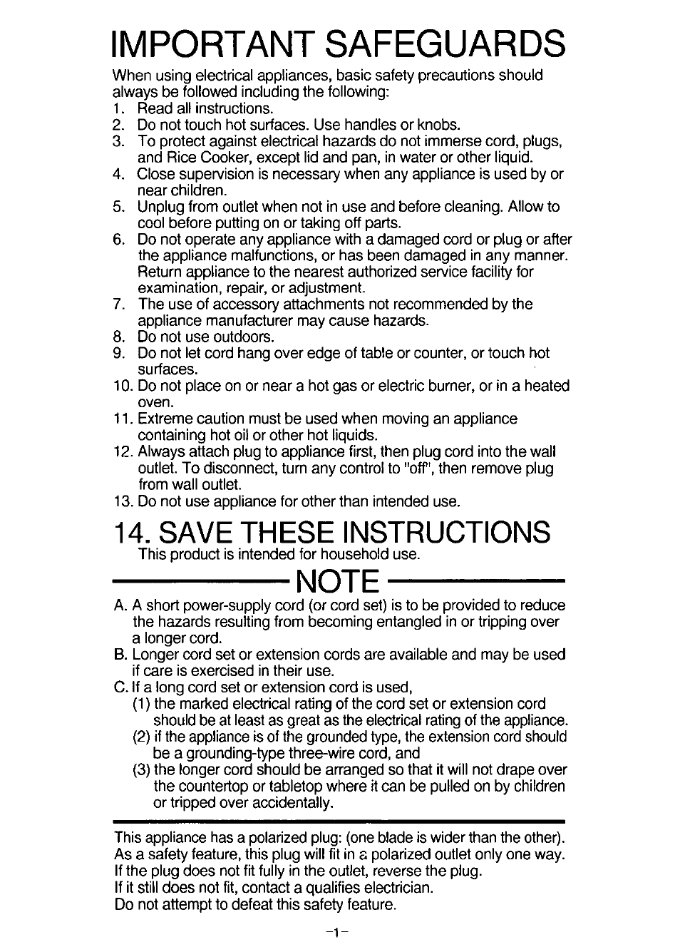 Important safeguards, Save these instructions | Panasonic SR-SH15PA User Manual | Page 2 / 12