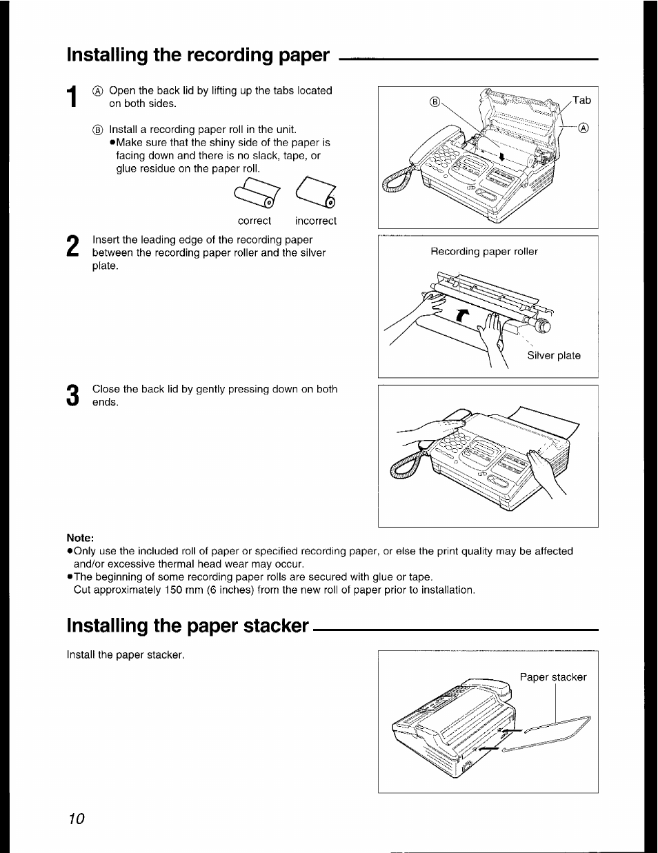 Installing the recording paper, Note, Installing the paper stacker | Panasonic KX-F2781AL User Manual | Page 10 / 84