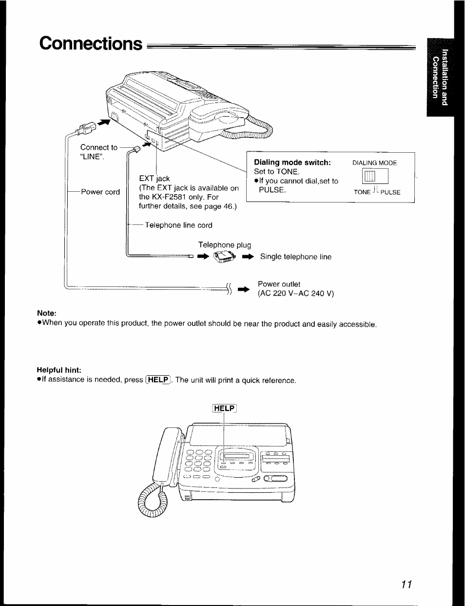 Connections, Note, Helpful hint | Panasonic KX-F2781AL User Manual | Page 11 / 84