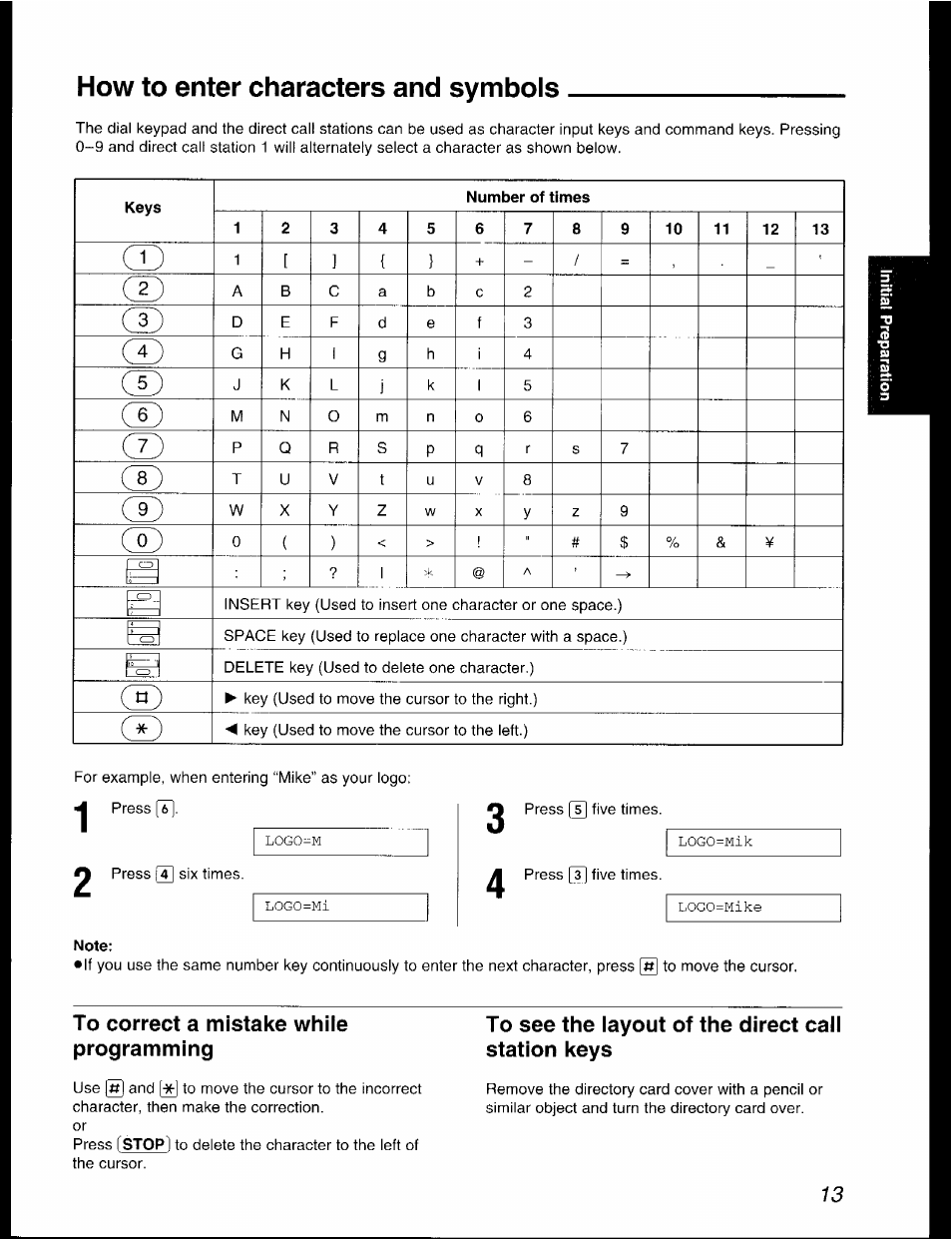 How to enter characters and symbols, To correct a mistake while programming, To see the layout of the direct call station keys | Panasonic KX-F2781AL User Manual | Page 13 / 84