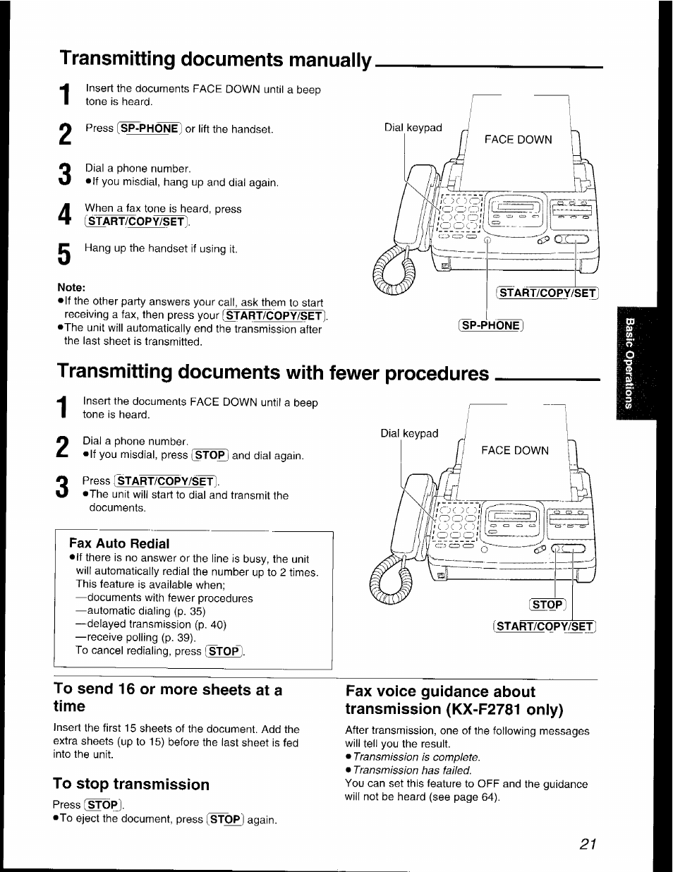 Transmitting documents manually, Note, Transmitting documents with fewer procedures | To send 16 or more sheets at a time, To stop transmission | Panasonic KX-F2781AL User Manual | Page 21 / 84