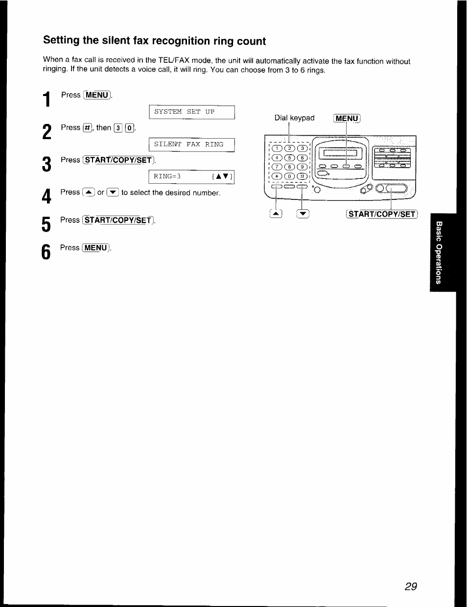 Setting the silent fax recognition ring count, 2 press [start/copy/setl, Fstart/copy/set | Panasonic KX-F2781AL User Manual | Page 29 / 84