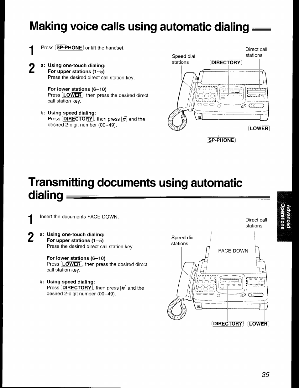 Making voice calls using automatic dialing, A: using one-touch dialing, For lower stations (6-10) | Transmitting documents using automatic dialing, B: using speed dialing | Panasonic KX-F2781AL User Manual | Page 35 / 84