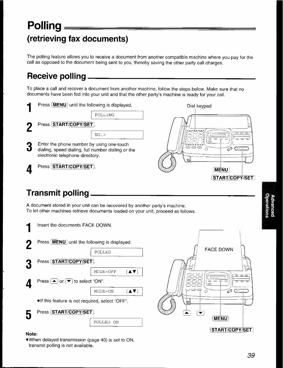 Retrieving fax documents), Receive polling, Press start/copy/set | Transmit polling, Note, Polling (retrieving fax documents), Polling | Panasonic KX-F2781AL User Manual | Page 39 / 84