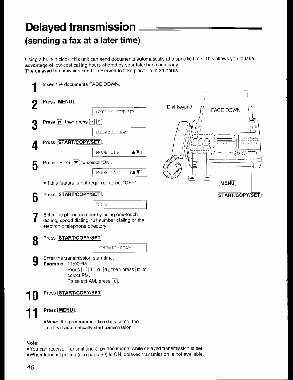 Delayed transmission, Sending a fax at a later time), Press start/copy/set | Press istart/copy/setl, Note | Panasonic KX-F2781AL User Manual | Page 40 / 84