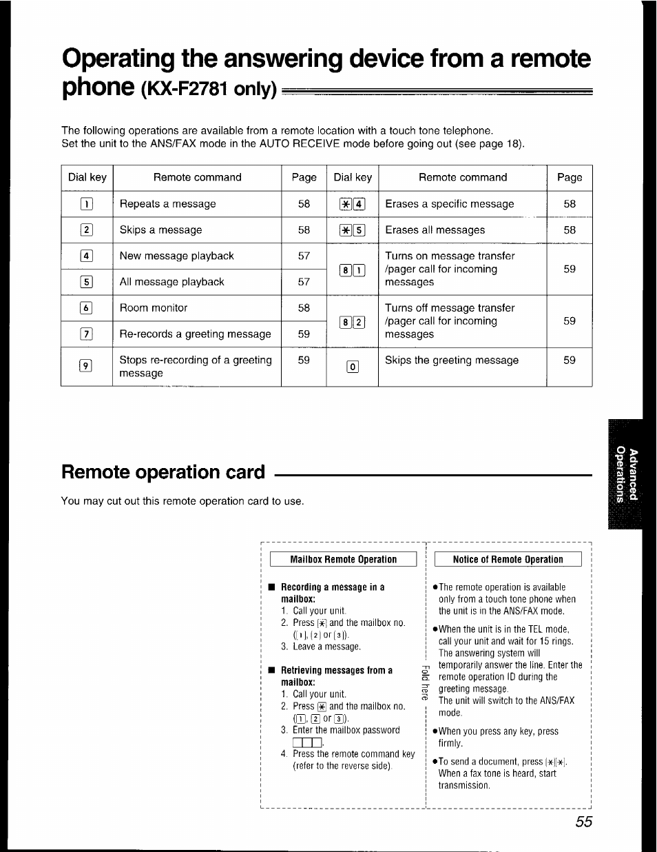 Operating the answering device from a remote, Phone (kx-f2781 only), Remote operation card | Mailbox remote operation, Recording a message in a mailbox, Retrieving messages from a mailbox, Notice of remote operation, Operating the answering device from a remote phone, Kx-f2781 only) | Panasonic KX-F2781AL User Manual | Page 55 / 84