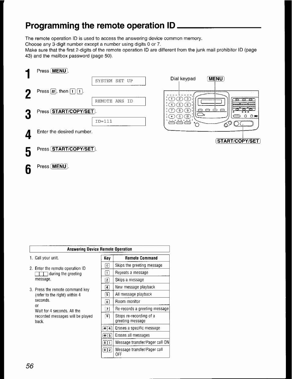 Programming the remote operation id | Panasonic KX-F2781AL User Manual | Page 56 / 84