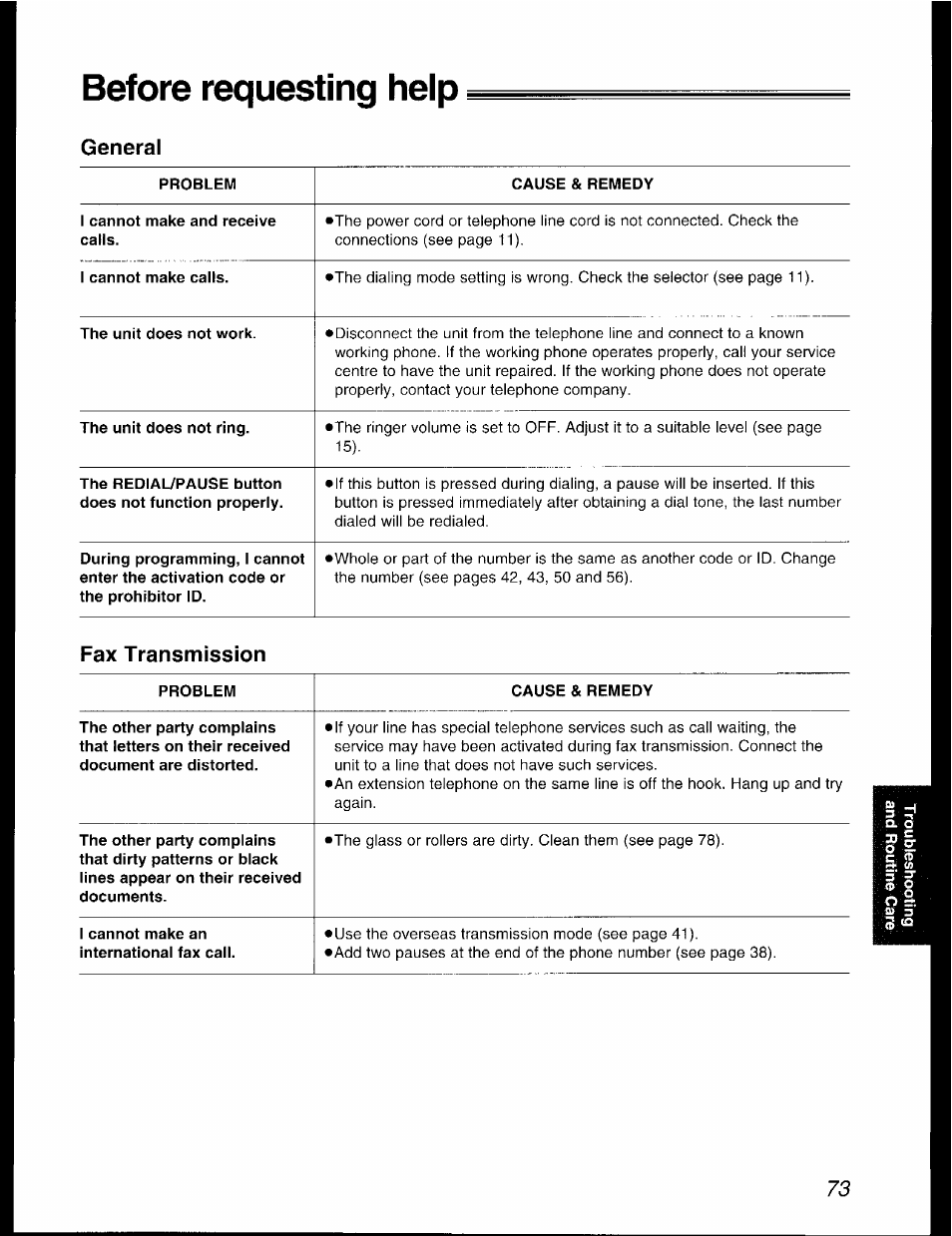 Before requesting help, General, Fax transmission | Panasonic KX-F2781AL User Manual | Page 73 / 84