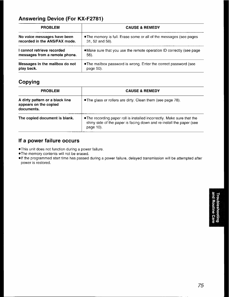 Answering device (for kx-f2781), If a power failure occurs, Copying | Panasonic KX-F2781AL User Manual | Page 75 / 84