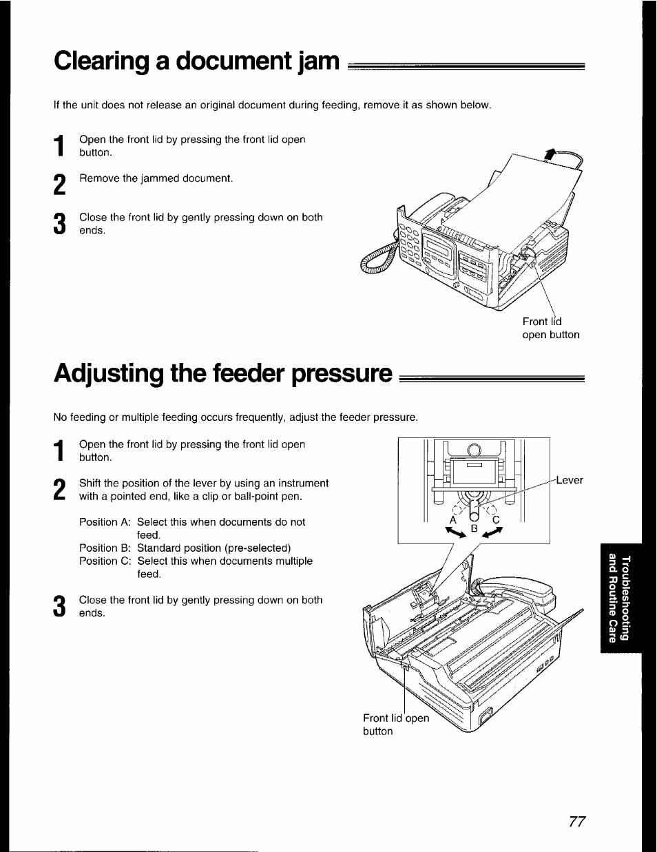 Clearing a document jam, Adjusting the feeder pressure | Panasonic KX-F2781AL User Manual | Page 77 / 84