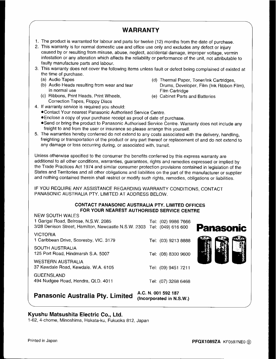 Warranty, Panasonic australia pty. limited | Panasonic KX-F2781AL User Manual | Page 84 / 84