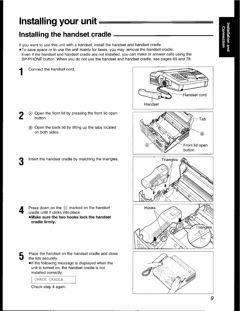 Installing your unit, Installing the handset cradle | Panasonic KX-F2781AL User Manual | Page 9 / 84