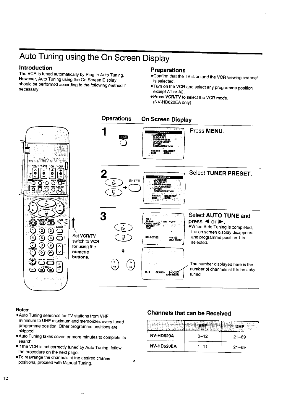 Auto tuning using the on screen display, Introduction, Preparations | Operations on screen display, Select tuner preset, Channels that can be received, Settings using the on screen display, Ci:) | Panasonic NV-HD620 User Manual | Page 12 / 38
