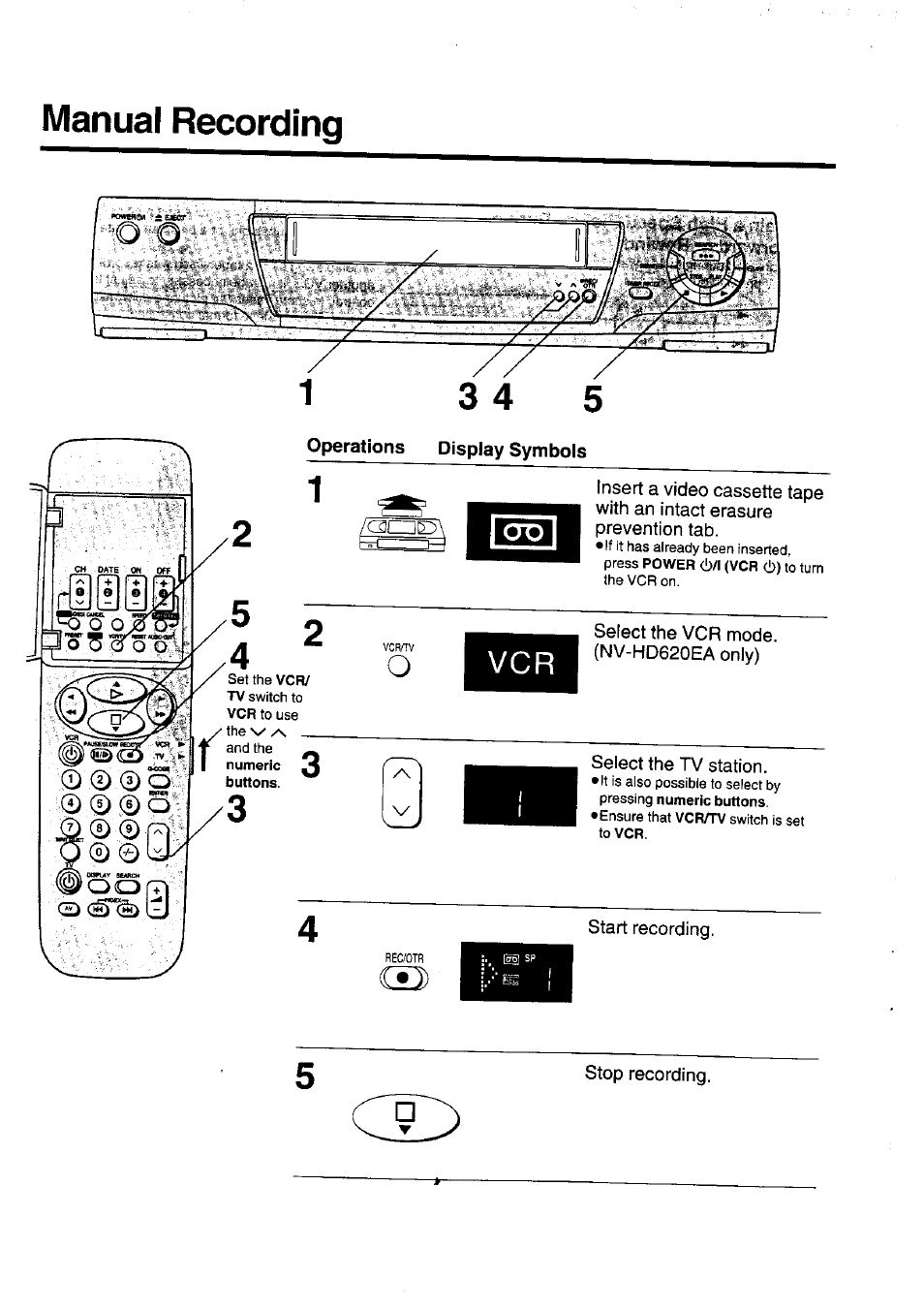 Manual recording, Operations display symbols | Panasonic NV-HD620 User Manual | Page 24 / 38