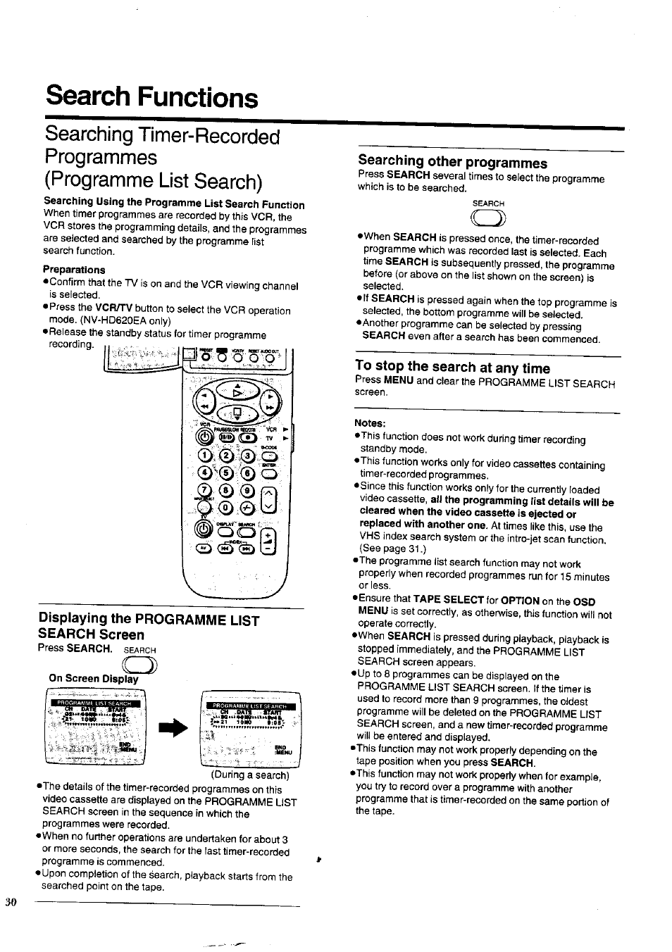 Search functions, Displaying the programme list search screen, Searching other programmes | To stop the search at any time, Notes | Panasonic NV-HD620 User Manual | Page 30 / 38