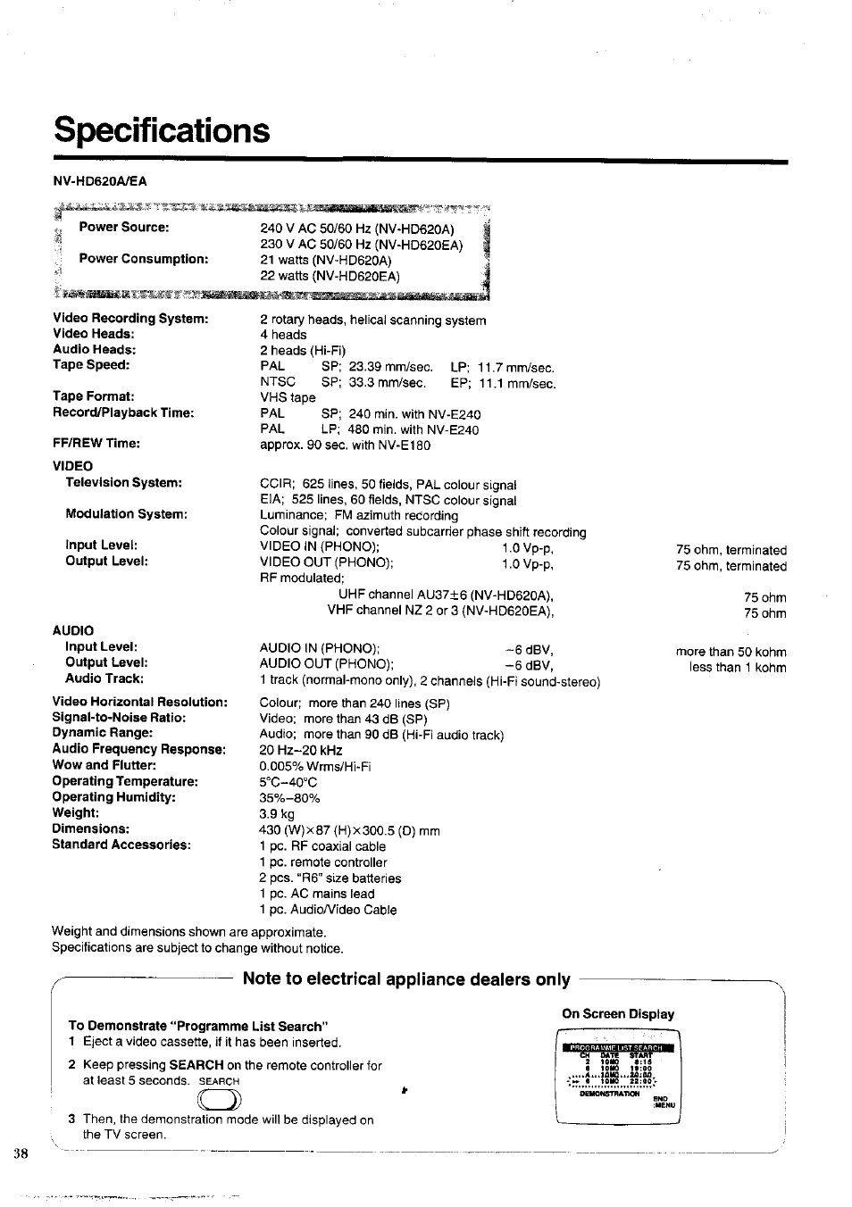 Specifications, Note to electrical appliance dealers only | Panasonic NV-HD620 User Manual | Page 38 / 38
