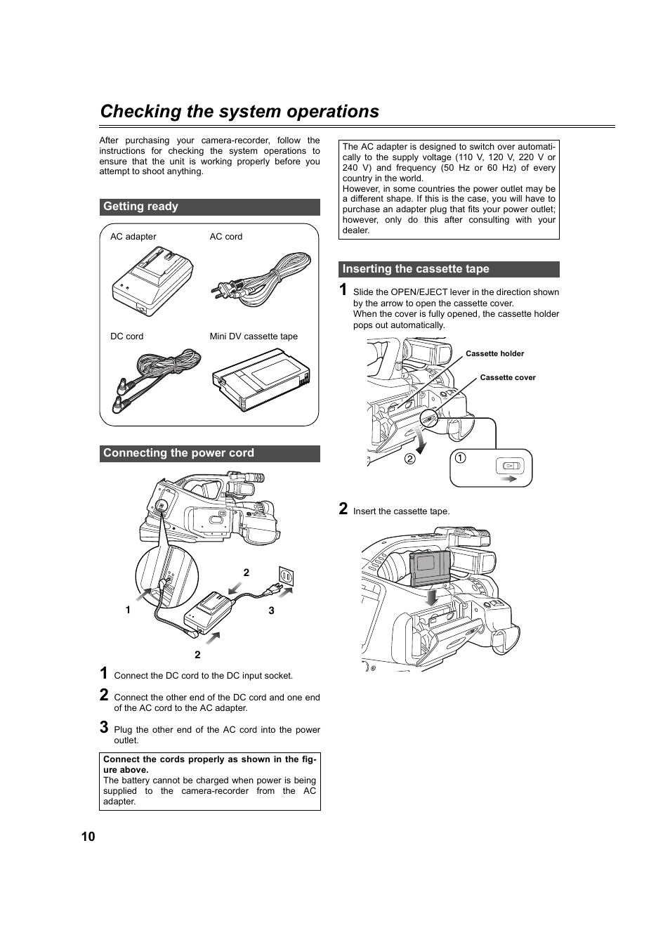 Checking the system operations, Getting ready, Connecting the power cord | Inserting the cassette tape | Panasonic AG-DVC60P User Manual | Page 10 / 82