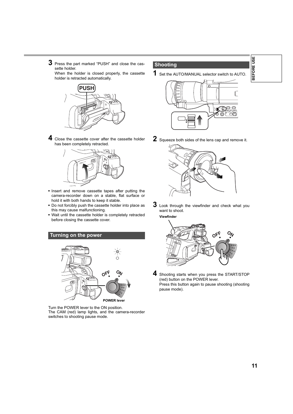 Turning on the power, Shooting, Mrpe | Lcc lk | Panasonic AG-DVC60P User Manual | Page 11 / 82