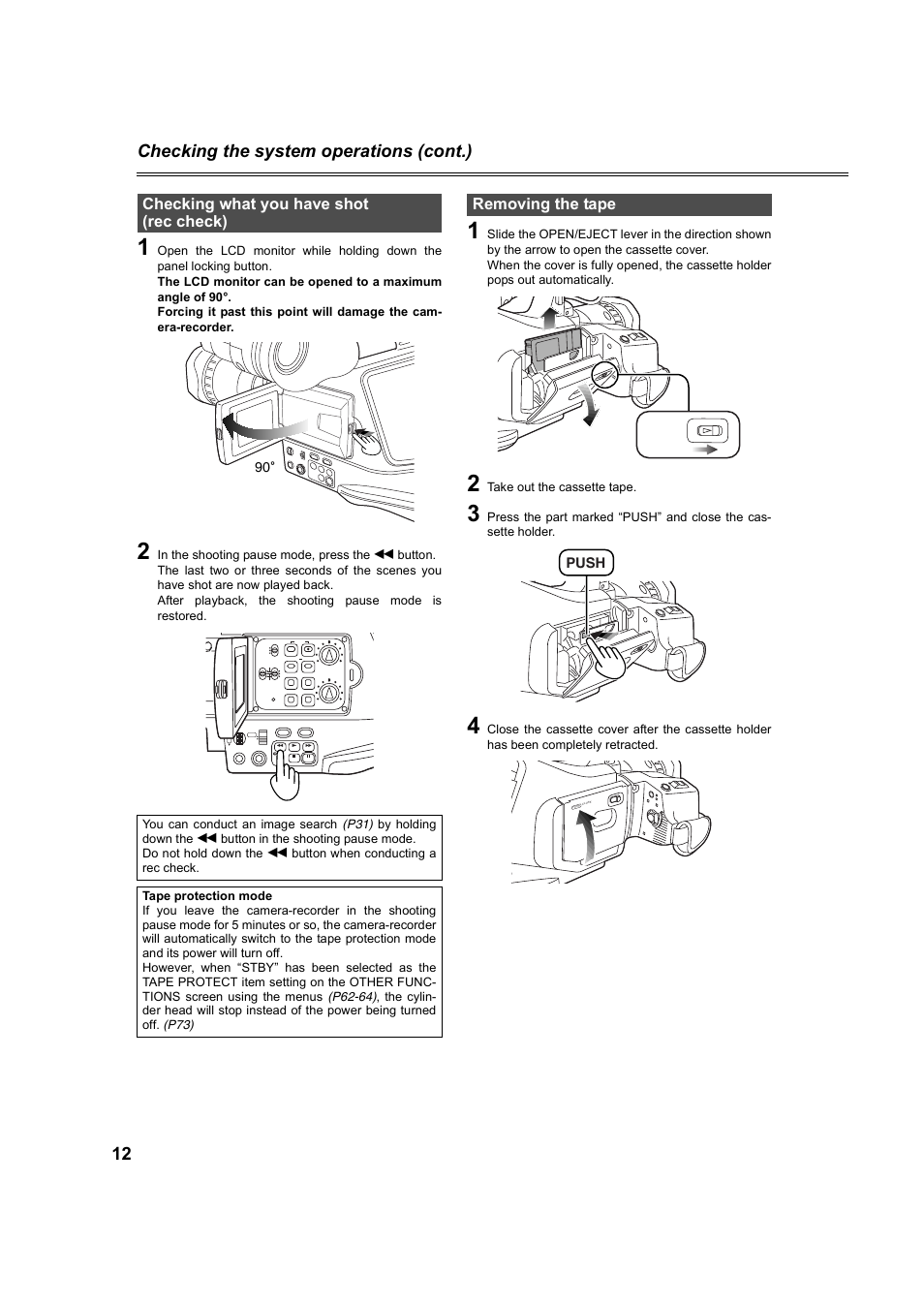 Checking what you have shot (rec check), Removing the tape, 12 checking the system operations (cont.) | Mrpe, Take out the cassette tape | Panasonic AG-DVC60P User Manual | Page 12 / 82