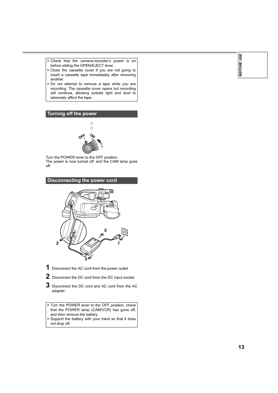 Turning off the power, Disconnecting the power cord | Panasonic AG-DVC60P User Manual | Page 13 / 82