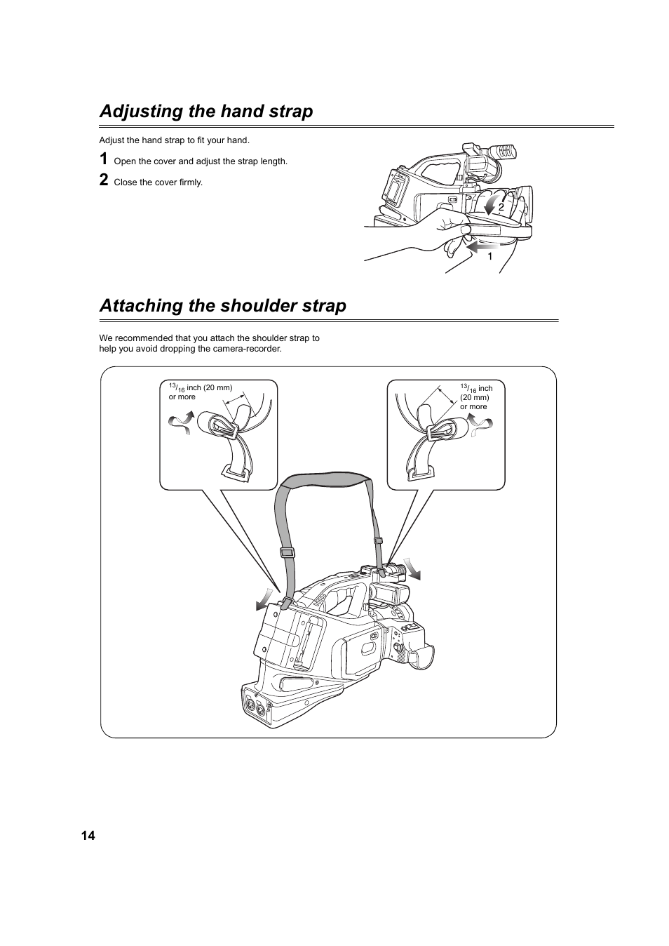 Adjusting the hand strap, Attaching the shoulder strap | Panasonic AG-DVC60P User Manual | Page 14 / 82