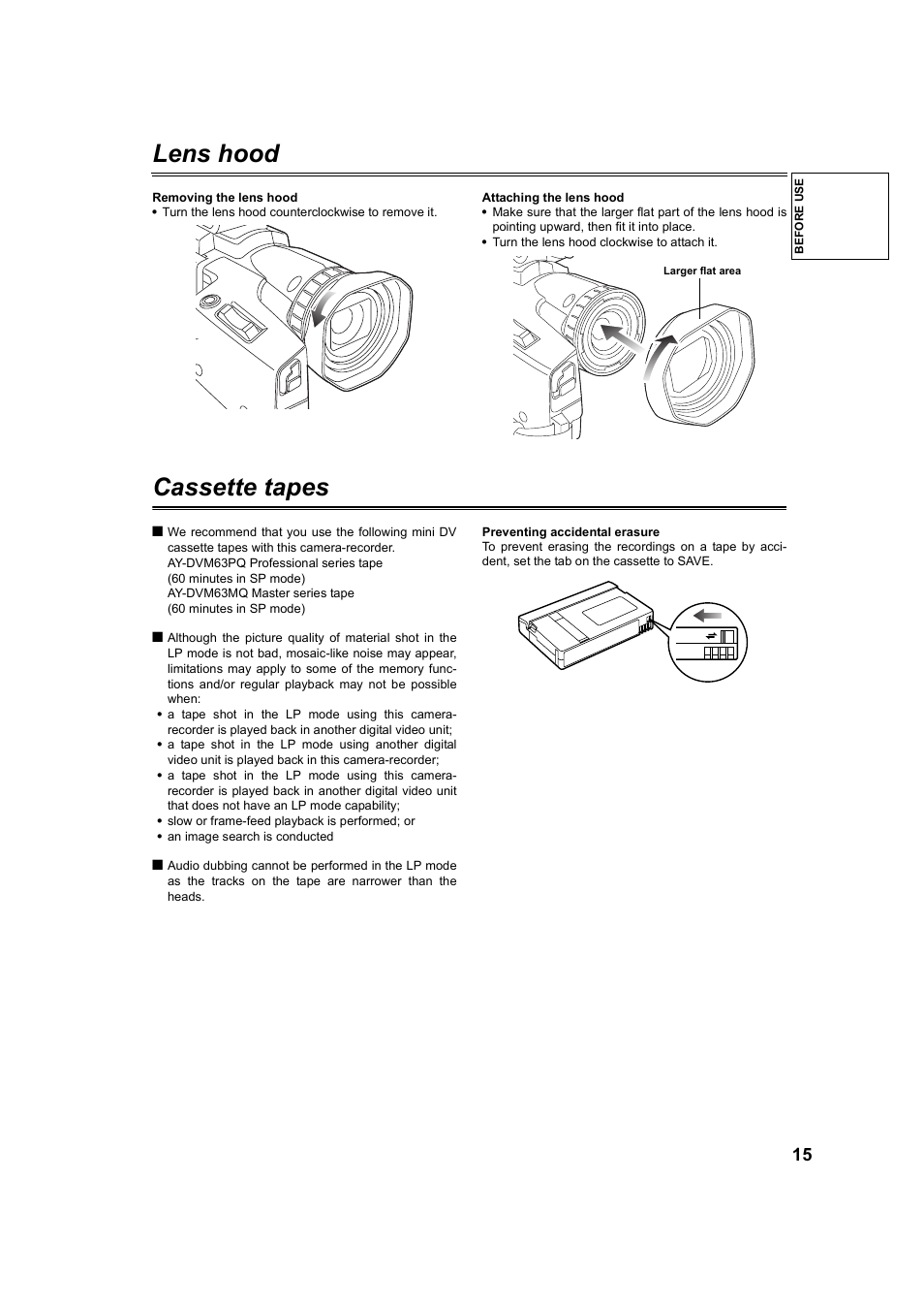 Lens hood, Cassette tapes | Panasonic AG-DVC60P User Manual | Page 15 / 82