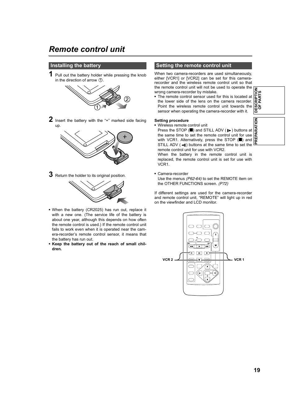 Remote control unit, Installing the battery, Setting the remote control unit | Panasonic AG-DVC60P User Manual | Page 19 / 82