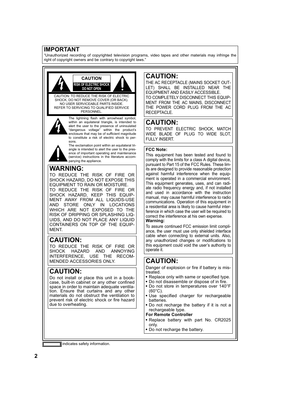 Warning, Caution, Important | Panasonic AG-DVC60P User Manual | Page 2 / 82