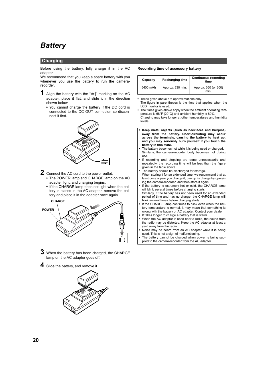 Battery, Charging | Panasonic AG-DVC60P User Manual | Page 20 / 82