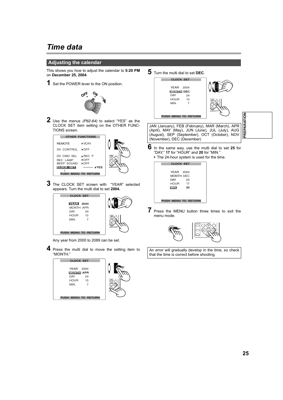 Time data, Adjusting the calendar | Panasonic AG-DVC60P User Manual | Page 25 / 82