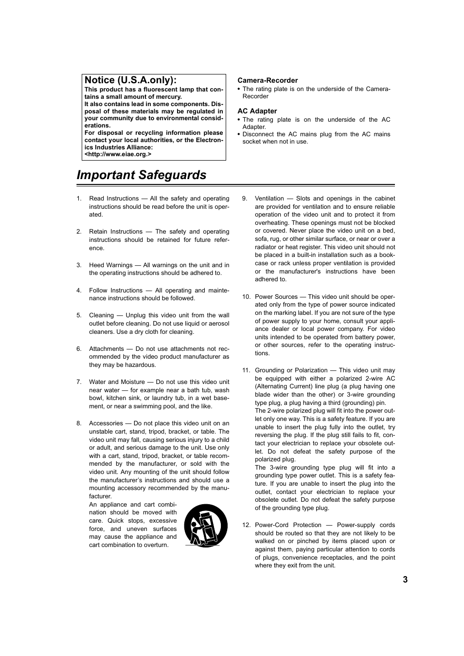 Important safeguards, Notice (u.s.a.only) | Panasonic AG-DVC60P User Manual | Page 3 / 82