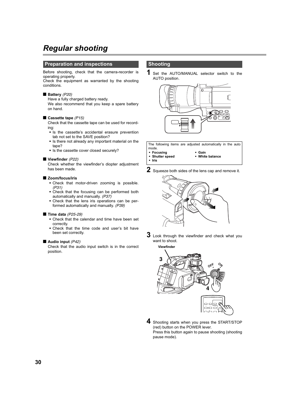 Regular shooting, Preparation and inspections, Shooting | P30), Preparation and inspections shooting | Panasonic AG-DVC60P User Manual | Page 30 / 82