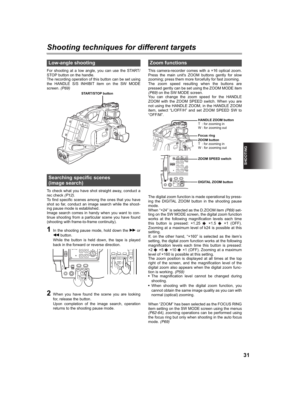 Shooting techniques for different targets, Low-angle shooting, Searching specific scenes (image search) | Zoom functions, P31), P31, 3, P31, 4, P31, 44, Sh ooting, Start/stop button | Panasonic AG-DVC60P User Manual | Page 31 / 82