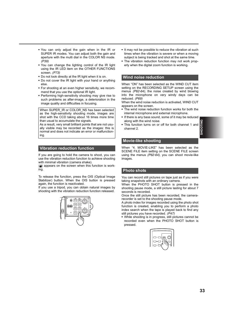 Vibration reduction function, Wind noise reduction, Movie-like shooting | Photo shots, P33) | Panasonic AG-DVC60P User Manual | Page 33 / 82